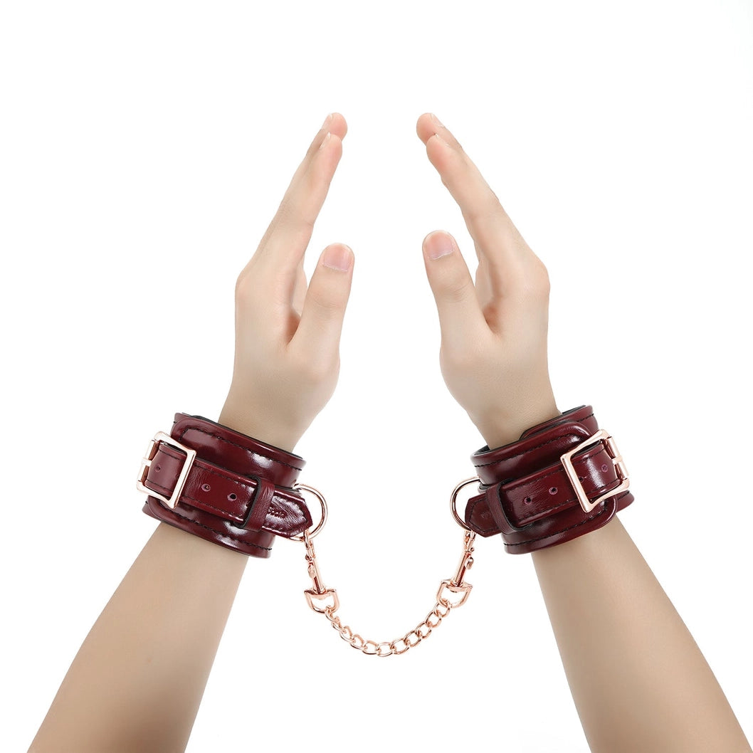 Wine Red - Leather Handcuffs with Rose Gold Hardware